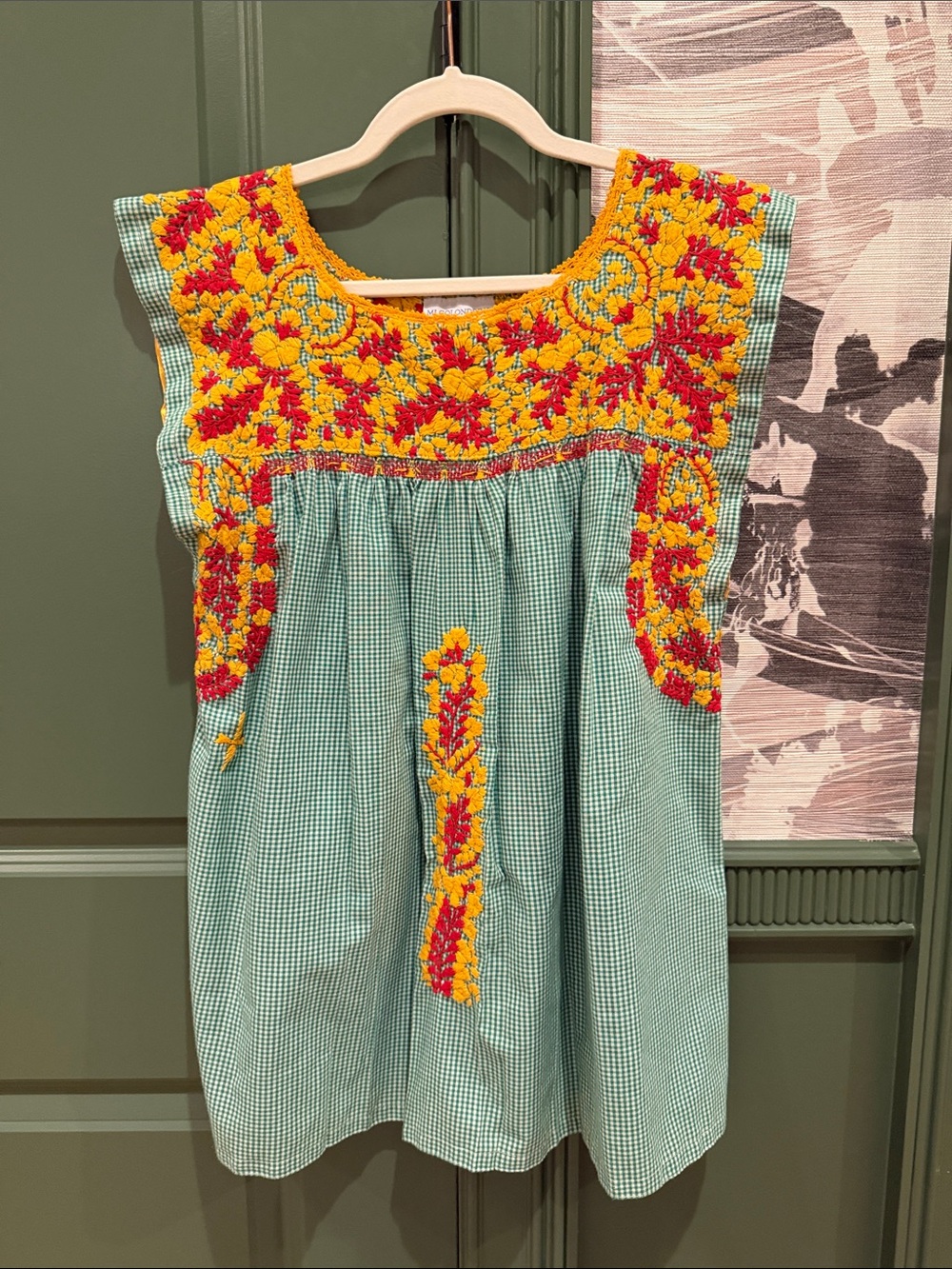 Mi Golondrina Embroidered Womens Top - Green with Yellow & Red Floral Accents
